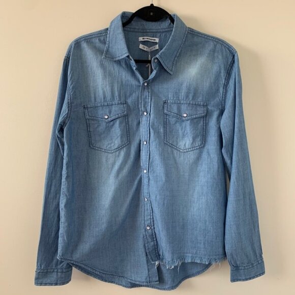 Free People One Teaspoon Chambray Denim Button Down Shirt Jean Frayed Blue XXS - Picture 10 of 16